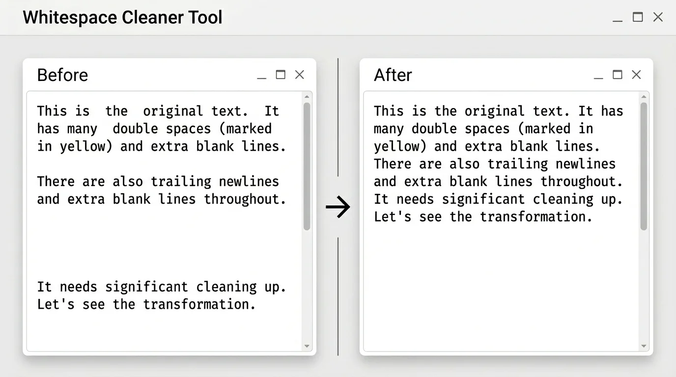 Whitespace Cleaner before/after panel showing trimmed spaces and removed newlines