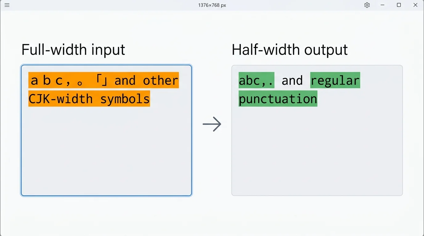 Width Converter showing full-width characters converted to standard half-width ASCII