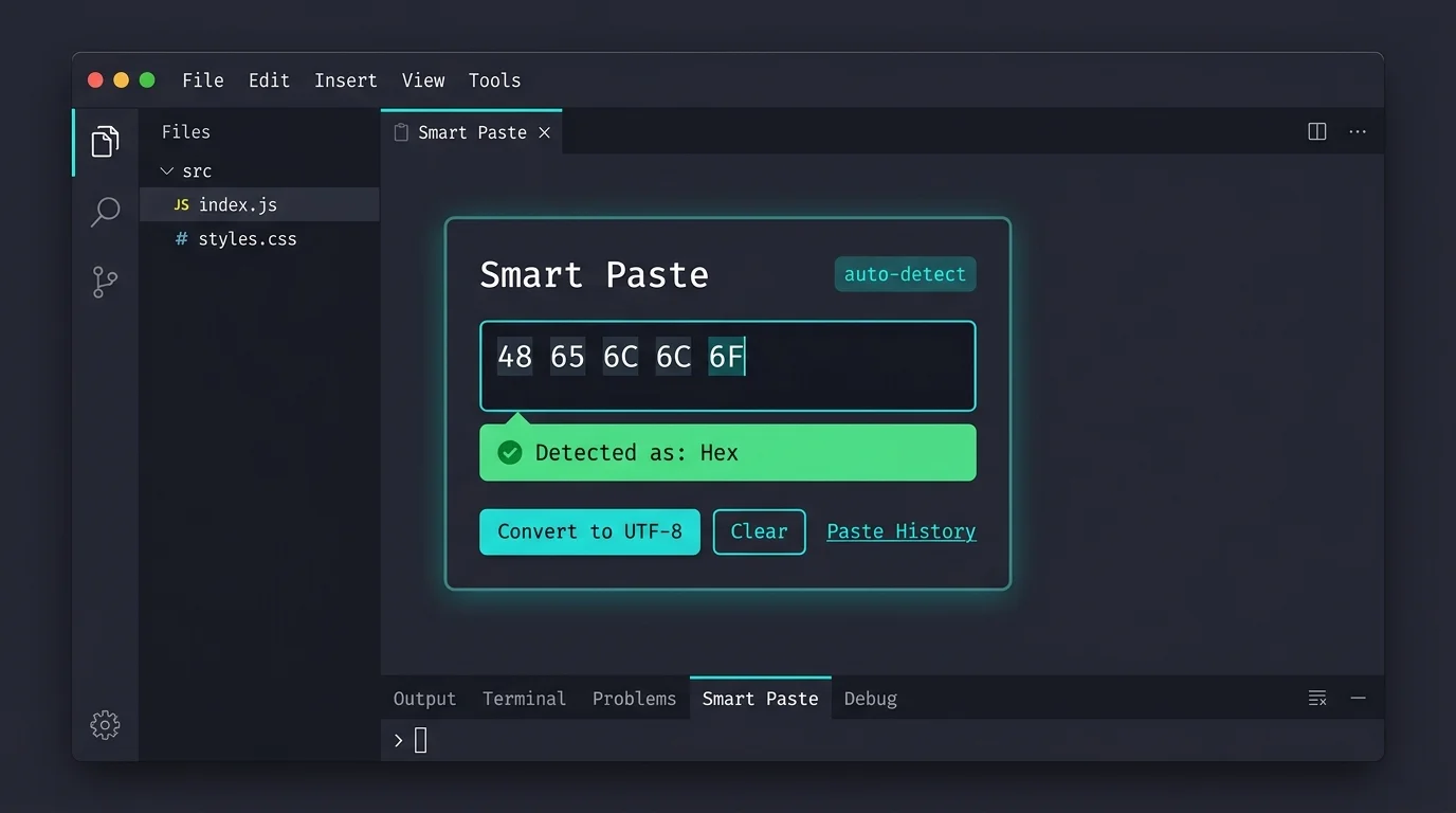 Base Converter auto-detect panel showing a pasted hex string