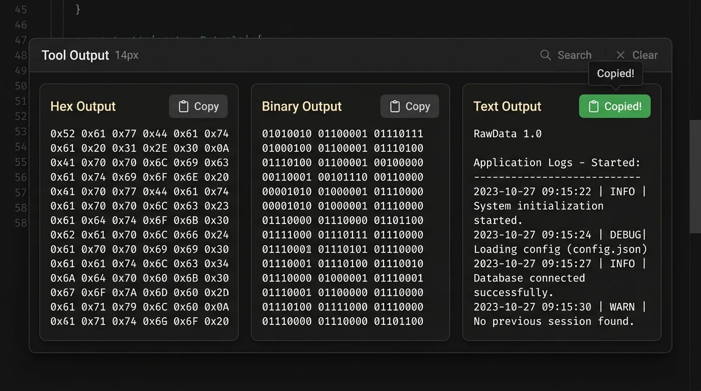 Base Converter output card with quick copy action for hex and binary data