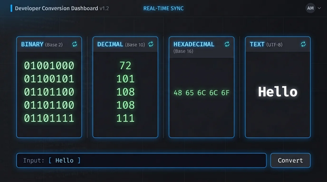 Base Converter live conversion grid showing synchronized binary, decimal, hex, and text outputs