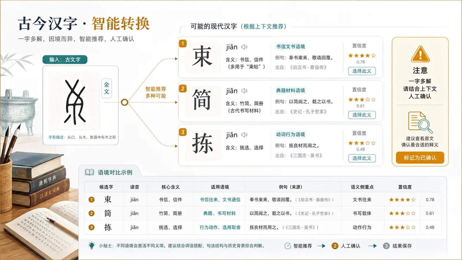 古今字转换器展示一个古字在不同语境下对应多个今字候选项