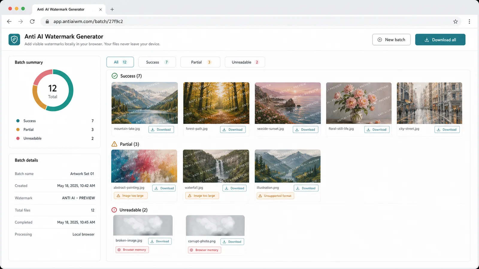Anti AI Watermark Generator batch status dashboard showing success partial warnings unreadable images and downloads