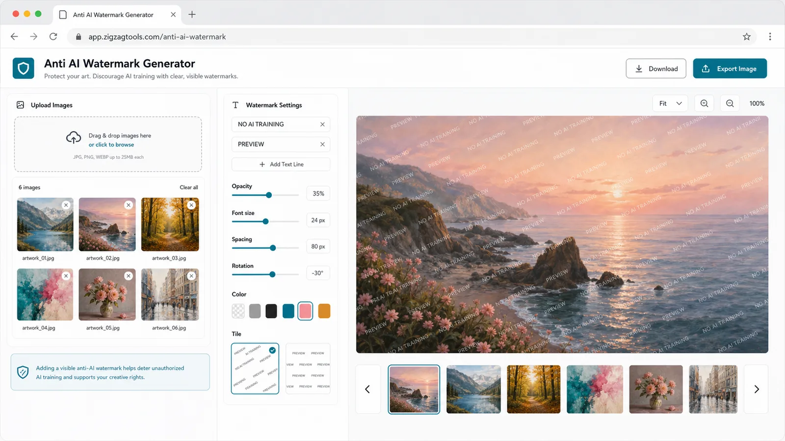 Anti AI Watermark Generator live preview with tiled NO AI TRAINING and PREVIEW watermarks