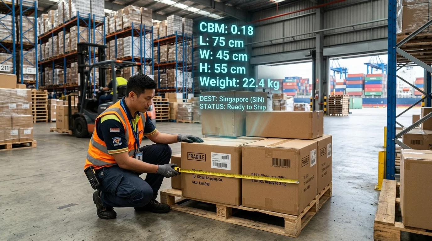 Logistics worker in a large warehouse measuring cardboard boxes with a tape measure, digital CBM calculation data floating above the boxes