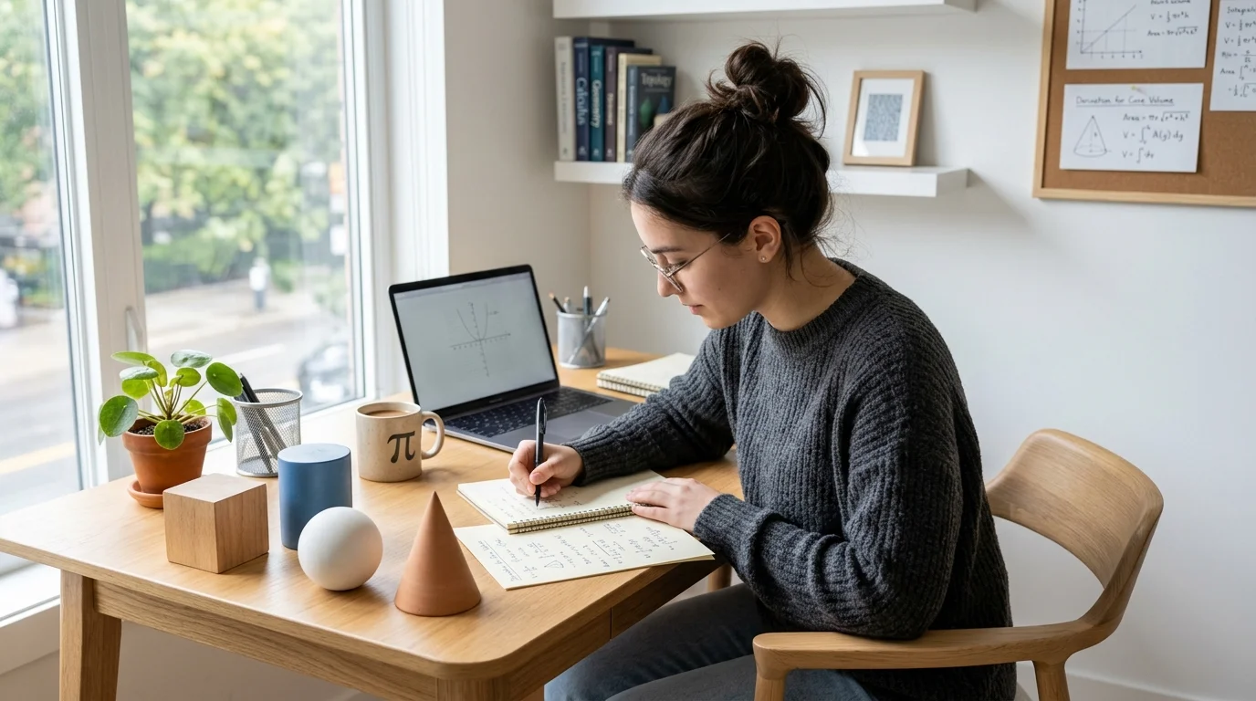 Student studying at a bright desk surrounded by geometric 3D shapes with handwritten math formulas and step-by-step calculation notes