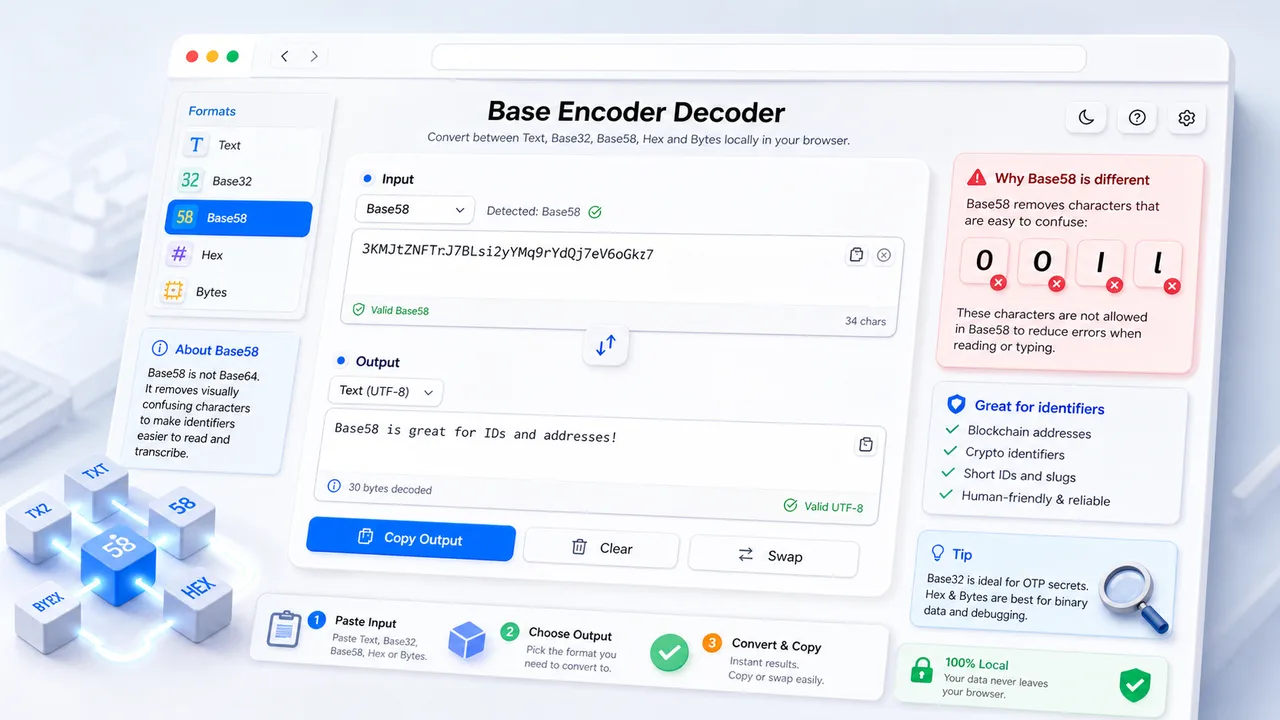 Base Encoder Decoder validating Base32 padding and Base58 confusing character errors
