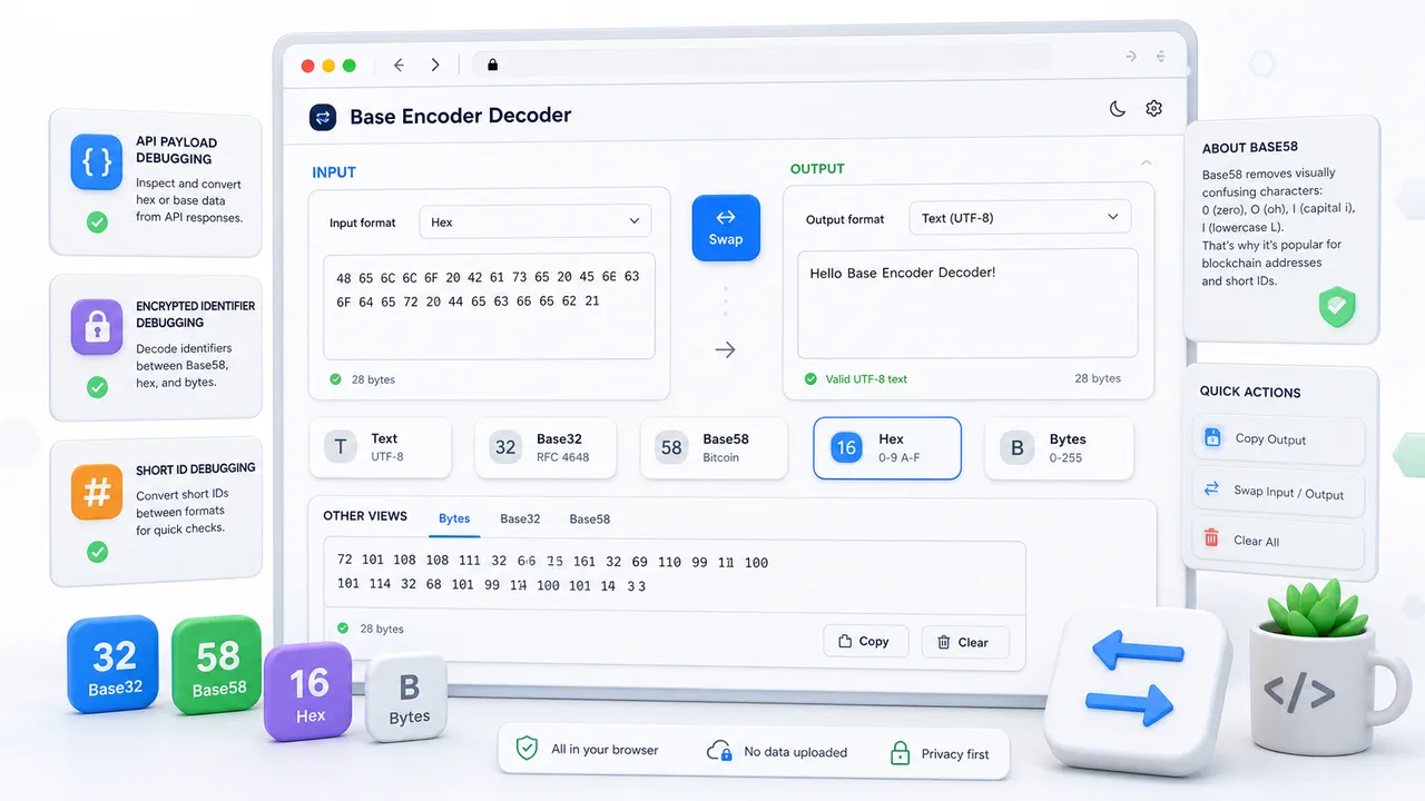 Base Encoder Decoder local workflow for OTP keys blockchain addresses crypto IDs and short IDs