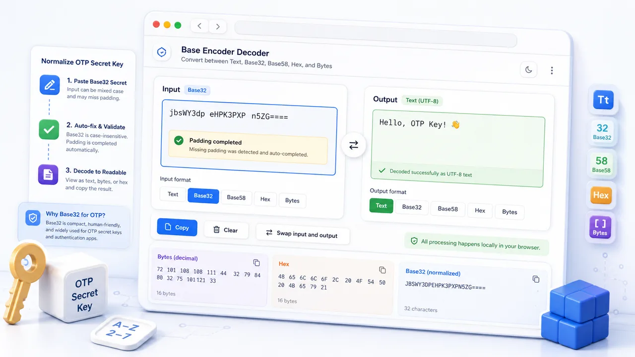 Base Encoder Decoder normalizing an OTP Base32 secret with automatic padding completion