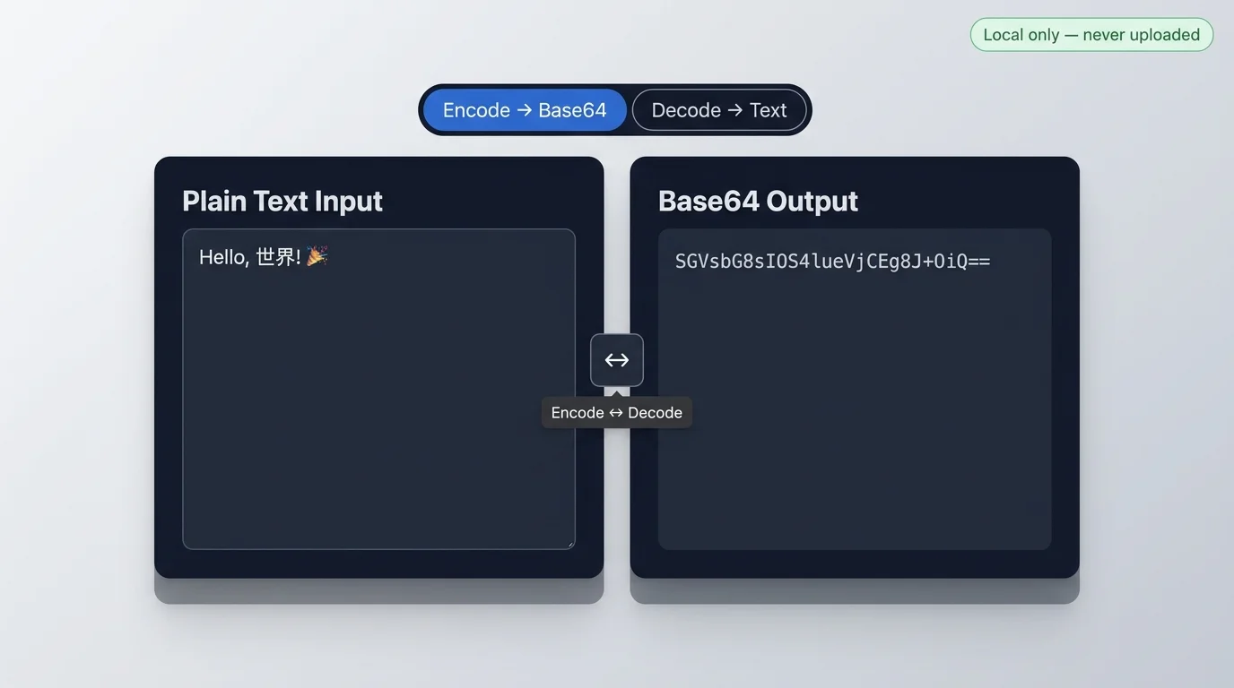 Base64 Decoder split panel showing plain text on the left and encoded Base64 string on the right