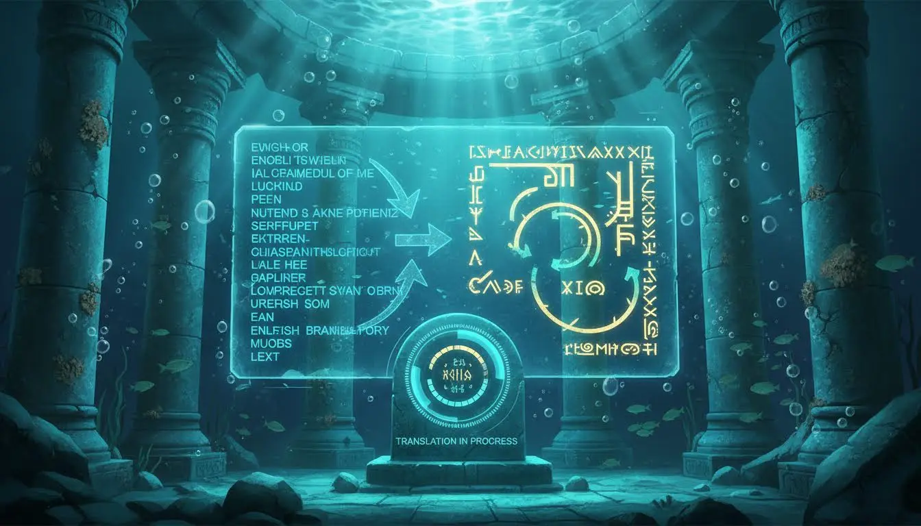 English text converting into glowing Atlantean script