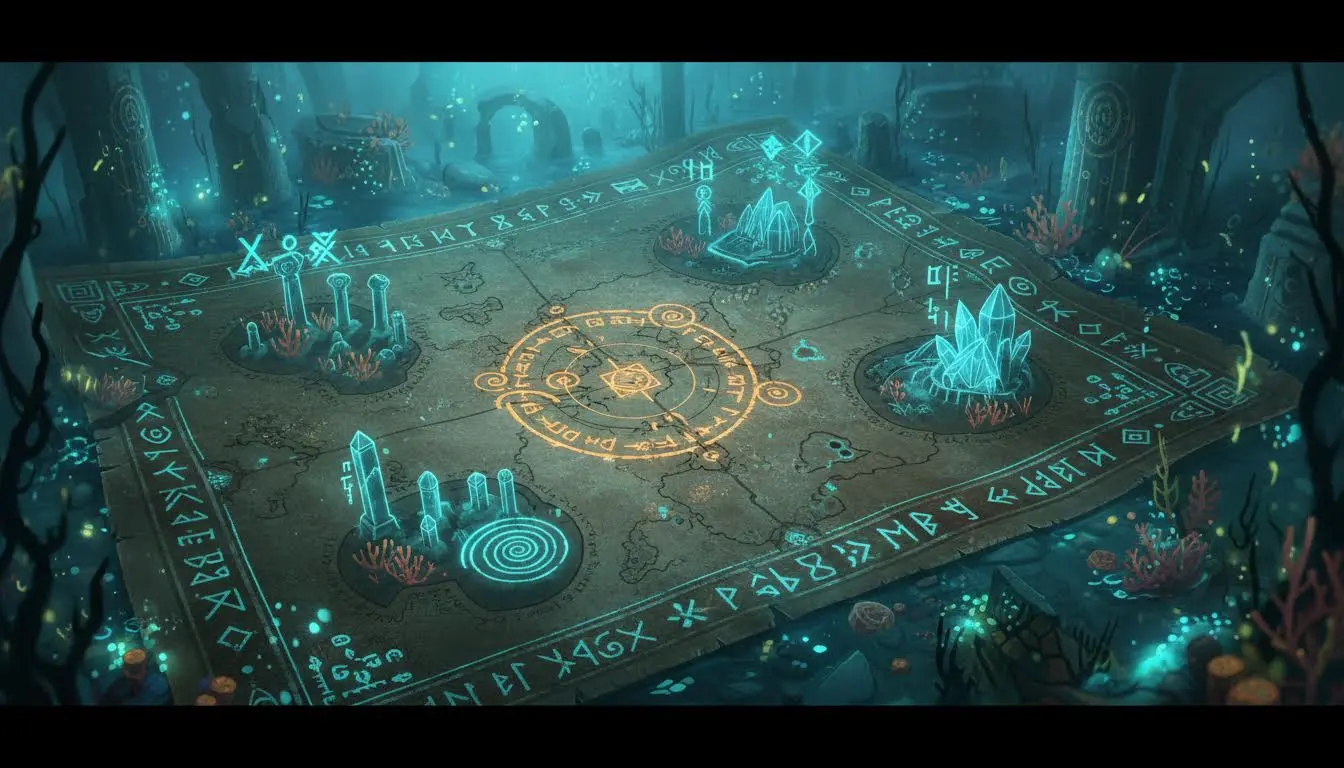 Atlantean script applied to maps, lore notes, and puzzle design