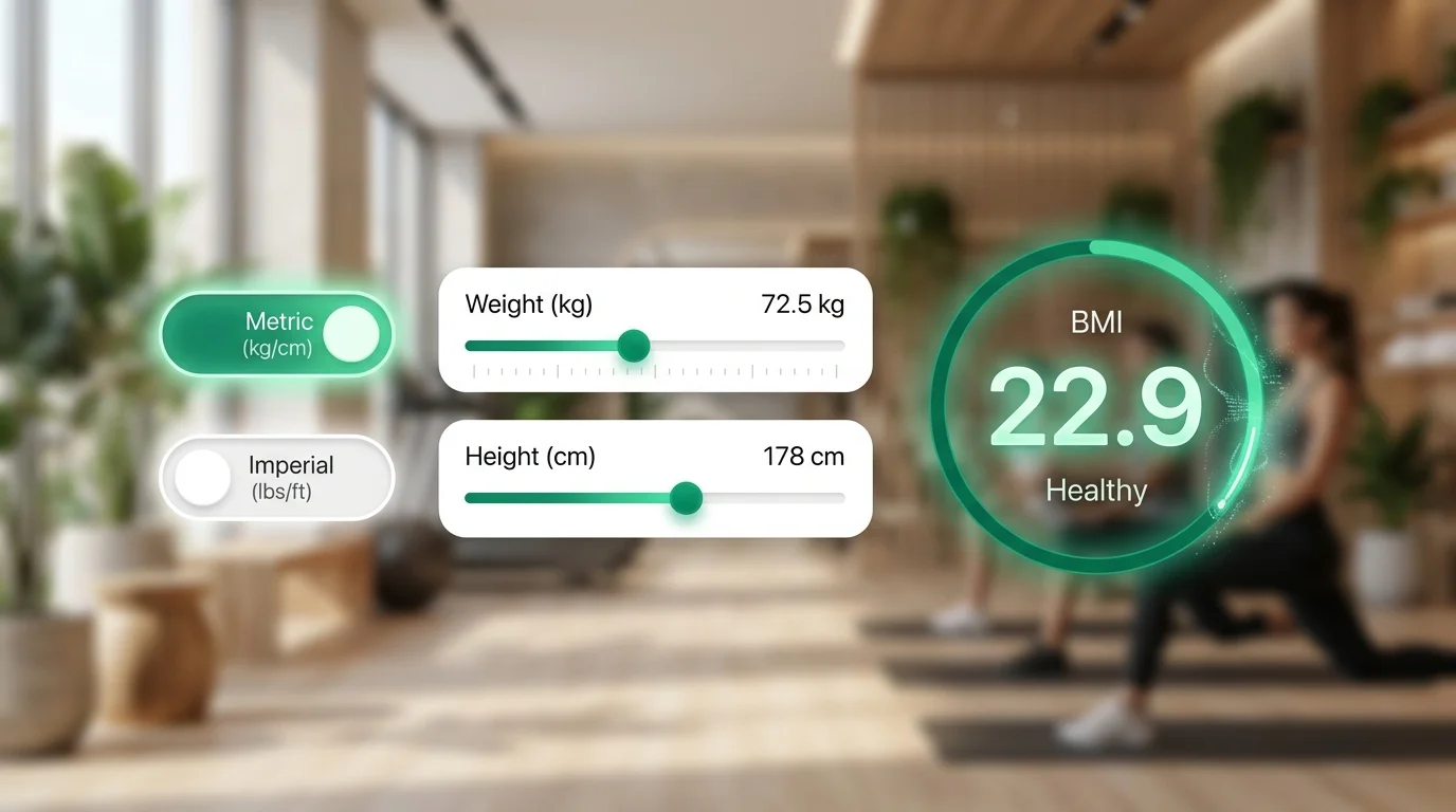 Smartphone screen showing BMI Checker with metric and imperial unit toggle, real-time Body Mass Index calculation updating as height and weight are entered