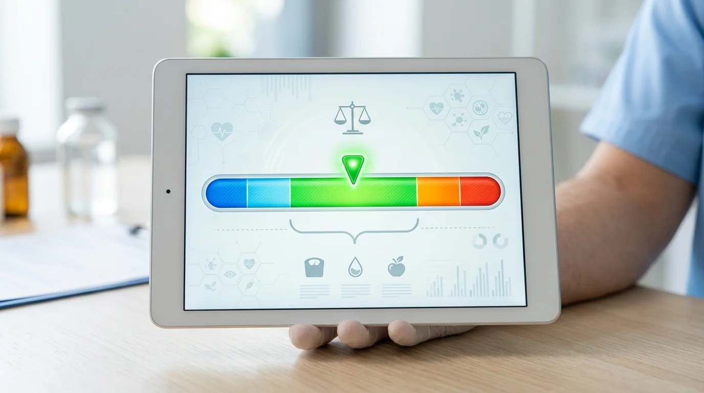 Health spectrum color bar on tablet screen showing BMI zones from blue underweight through green normal to orange overweight and red obese, with ideal weight bracket