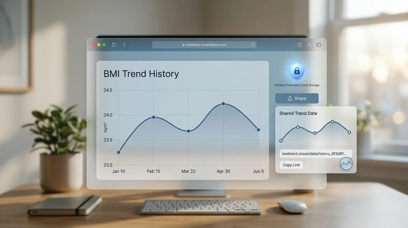Browser window showing BMI history line chart and privacy shield icon, representing local storage and zero server upload