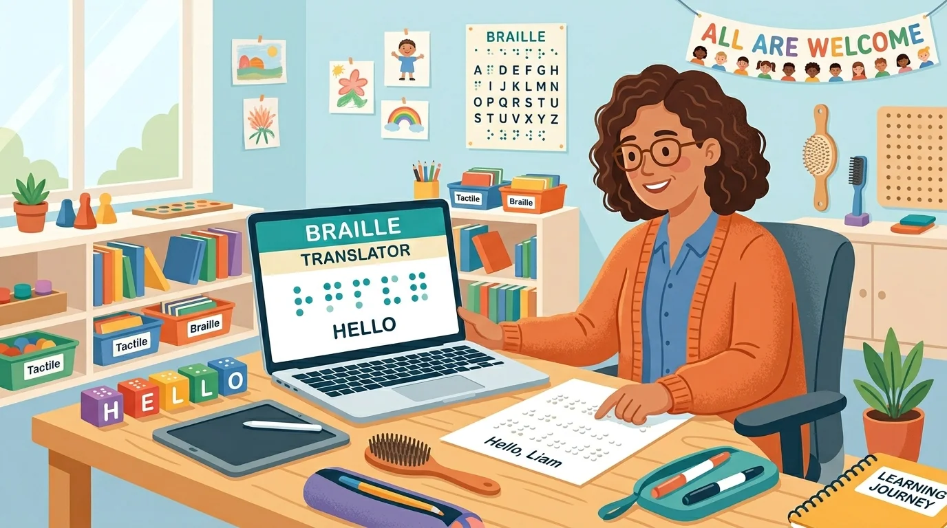 Special education teacher using Braille Translator to create tactile labels for visually impaired students