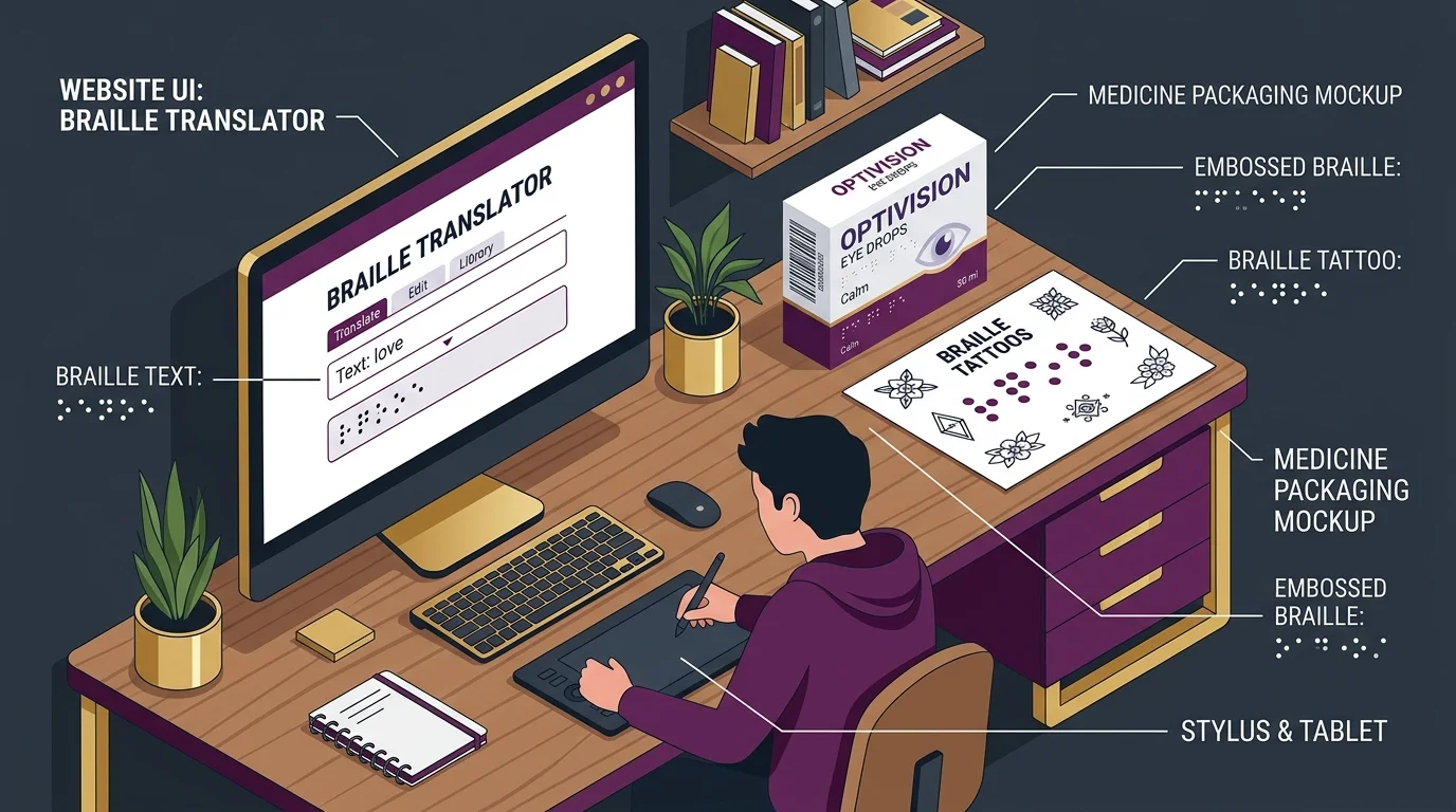 Designer using Braille Translator output to create accessible packaging and tattoo artwork with Braille symbols