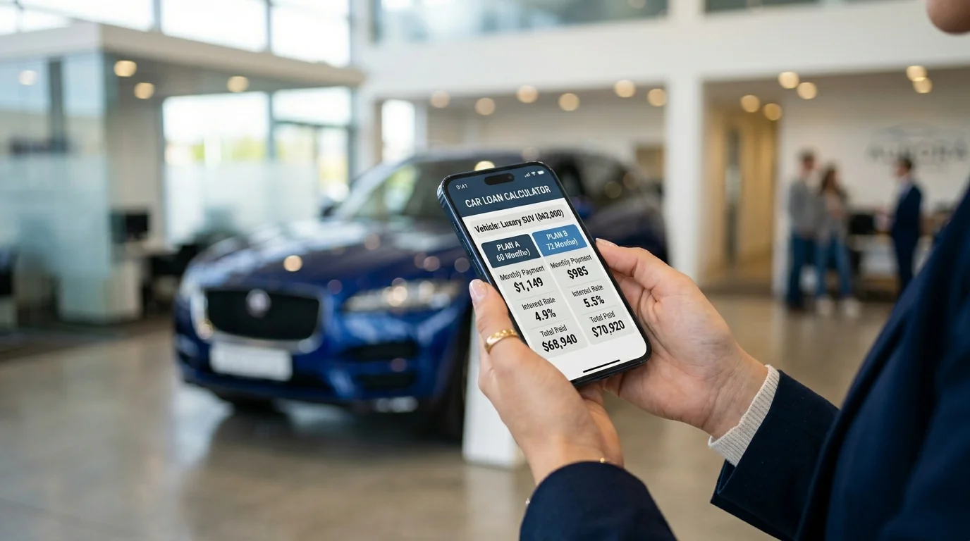 Person using a car installment calculator on smartphone at a car dealership to verify the monthly payment offer