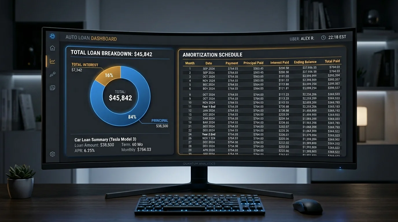 Financial dashboard showing car loan cost breakdown with principal vs interest chart and amortization table