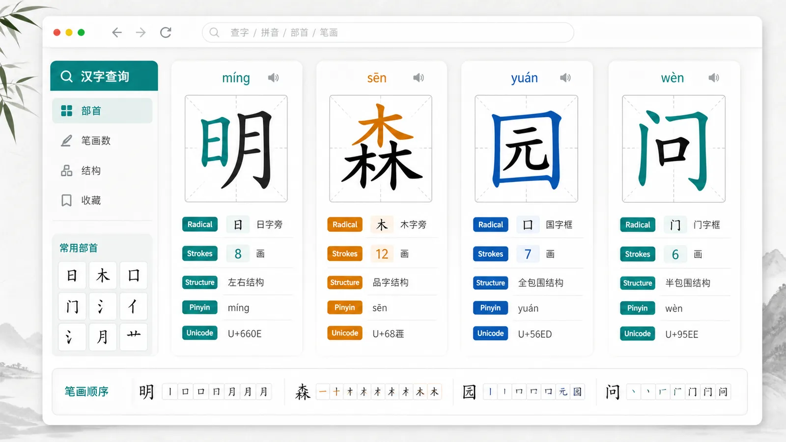 Chinese Radical and Character Structure Lookup showing radical stroke pinyin Unicode and IDS decomposition cards