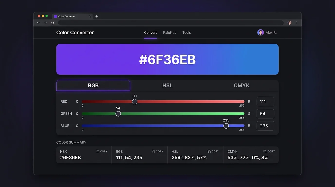 Color Math tool showing HEX, RGB, HSL, and CMYK values side by side with interactive sliders