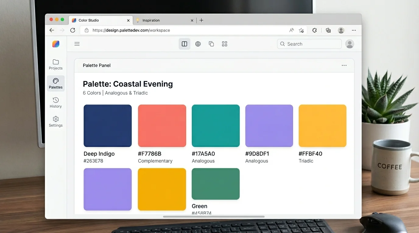 Color Math palette panel showing complementary, analogous, and triadic color swatches