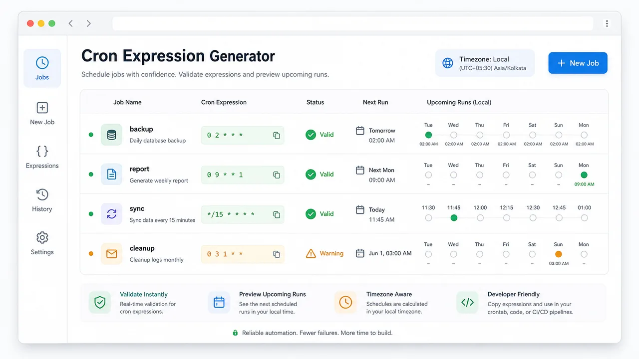 Cron Expression Generator dashboard for developers and DevOps automation schedules