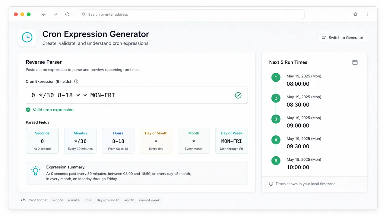 Cron Expression Generator parsing a six field cron expression and showing upcoming run times