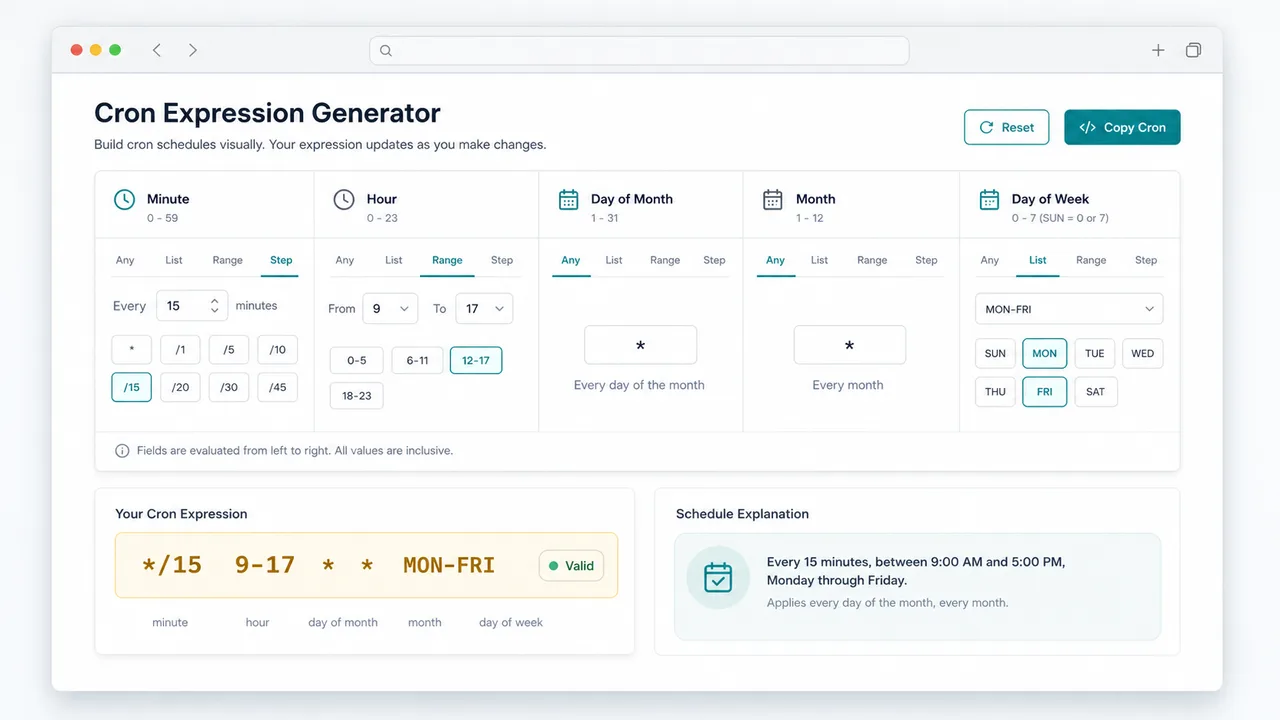 Cron Expression Generator visual form builder producing a cron expression and natural language explanation