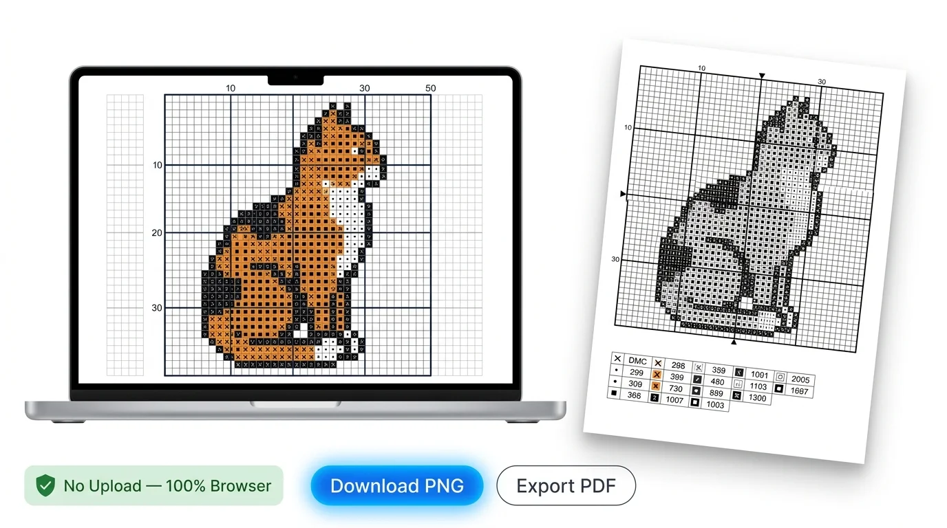 Een laptop met een 50×50 kat kruissteek rasterpatroon op het scherm, naast een afgedrukt A4-vel van hetzelfde patroon met een DMC-legende tabel