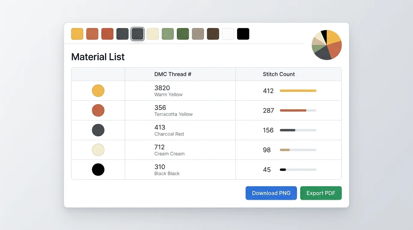 Een nette web-UI met een DMC materialenlijsttabel met kleurmonsters, draaднummers zoals 3820 en 356, en steektelling per kleur