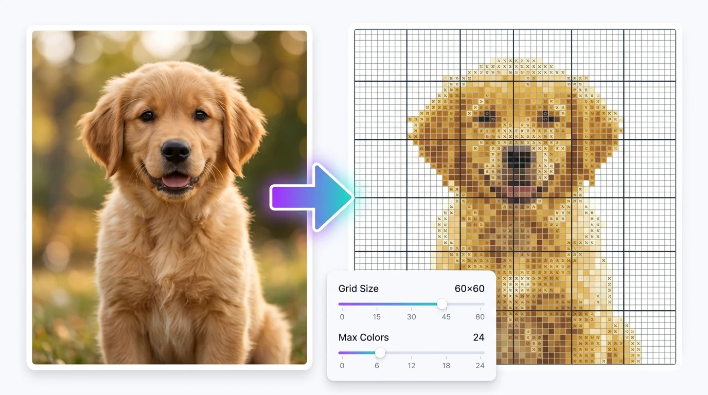 Een golden retriever foto links met een glanzende pijl die wijst naar een gepixeleerd kruissteek rasterpatroon van dezelfde hond rechts