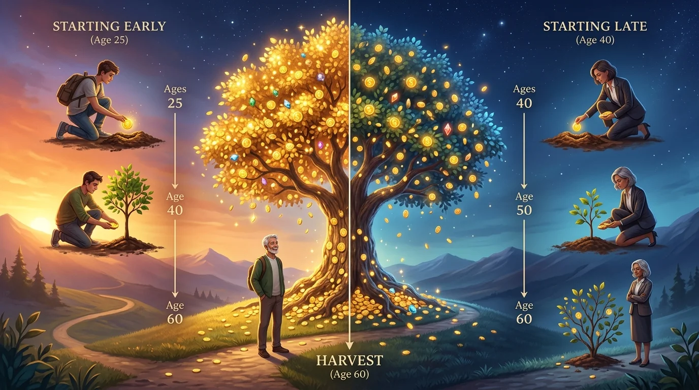 An exponential compound interest growth curve extending to retirement age, showing projected final balance and wealth milestones on a clean financial dashboard
