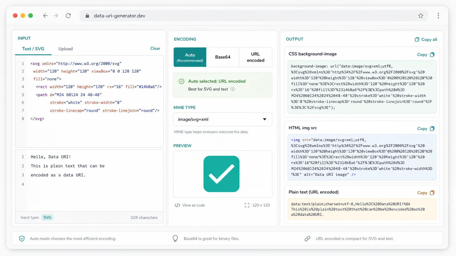 Data URI Generator upload workflow converting PNG SVG text and font files into browser-ready Data URIs
