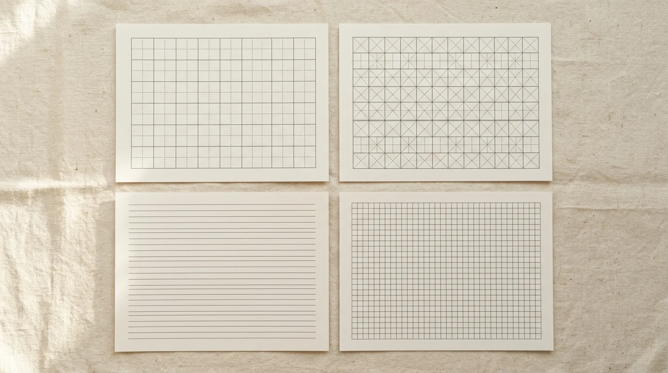 DIY copybook grid templates — Tian Zi Ge, Mi Zi Ge, English four-line, and blank board examples side by side