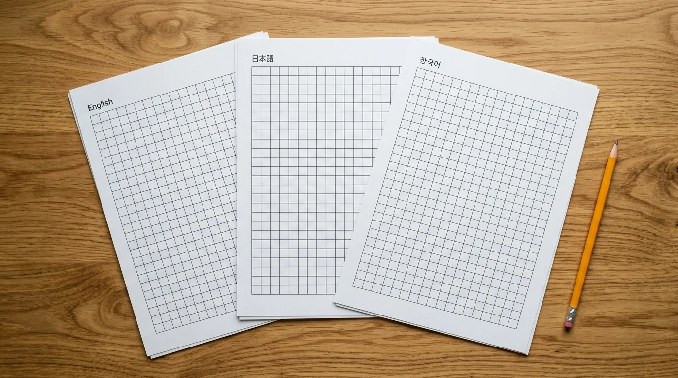 DIY copybook generator showing Chinese, English, Japanese, and Korean tracing worksheets in one interface