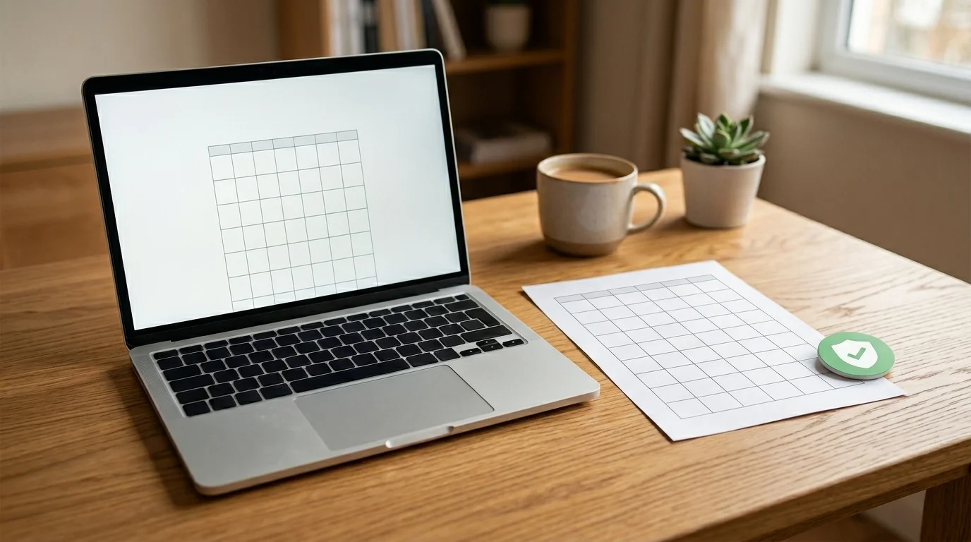 DIY copybook print preview with A4 layout and browser print dialog — no upload, privacy badge visible
