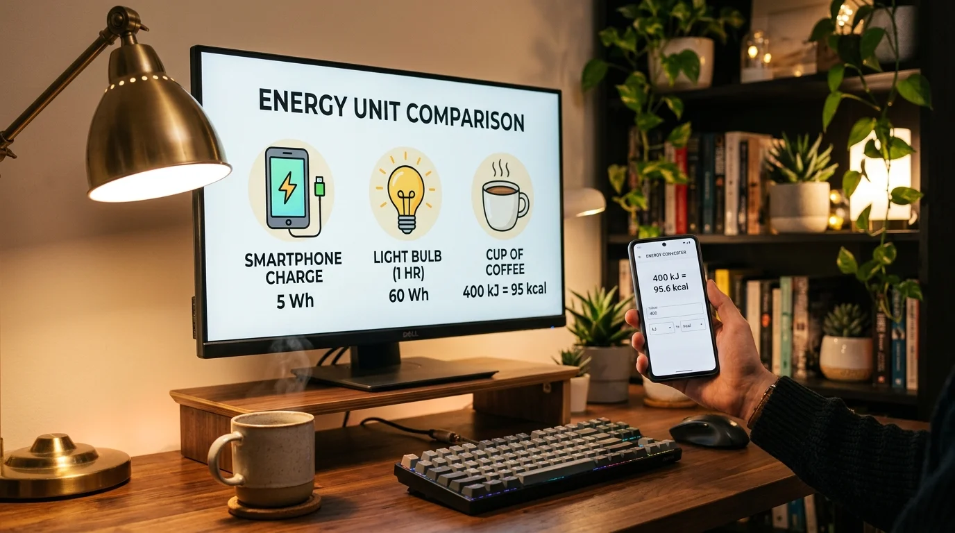 Cozy desk setup with a monitor displaying an energy unit comparison infographic for watt-hours and kilocalories