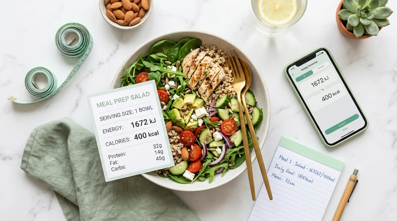 Person comparing food nutrition labels showing kJ and kcal values using an energy unit converter on a smartphone