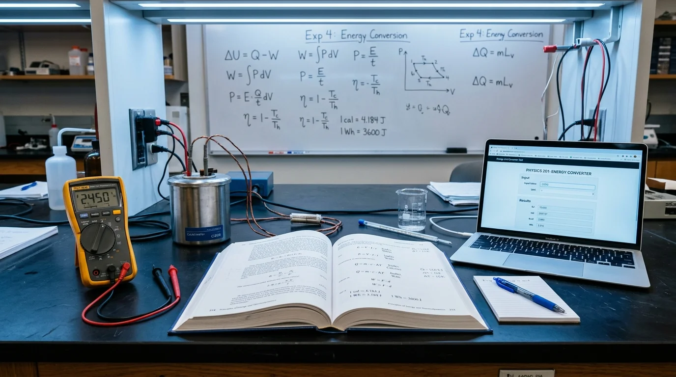 Physics laboratory workbench with a laptop showing an energy unit converter tool converting joules to calories