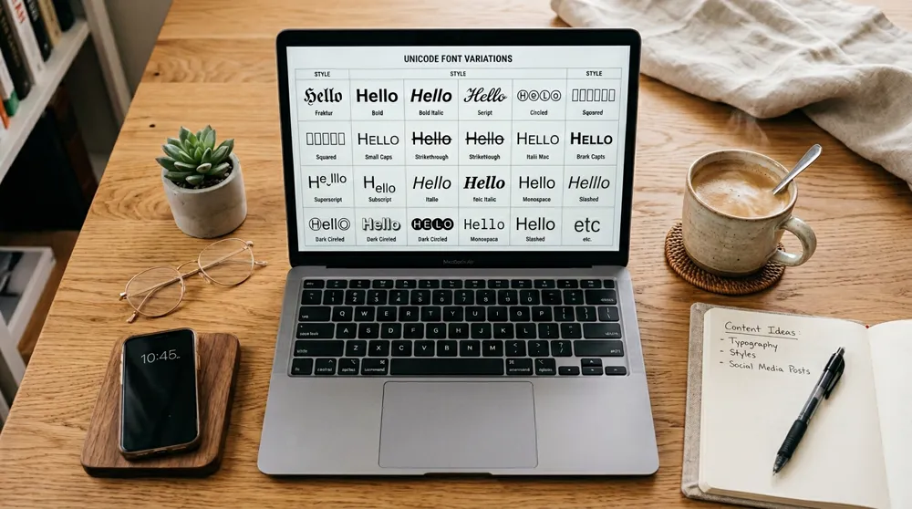 Fancy text styles arranged as content titles and social media captions showing 30+ Unicode font variations