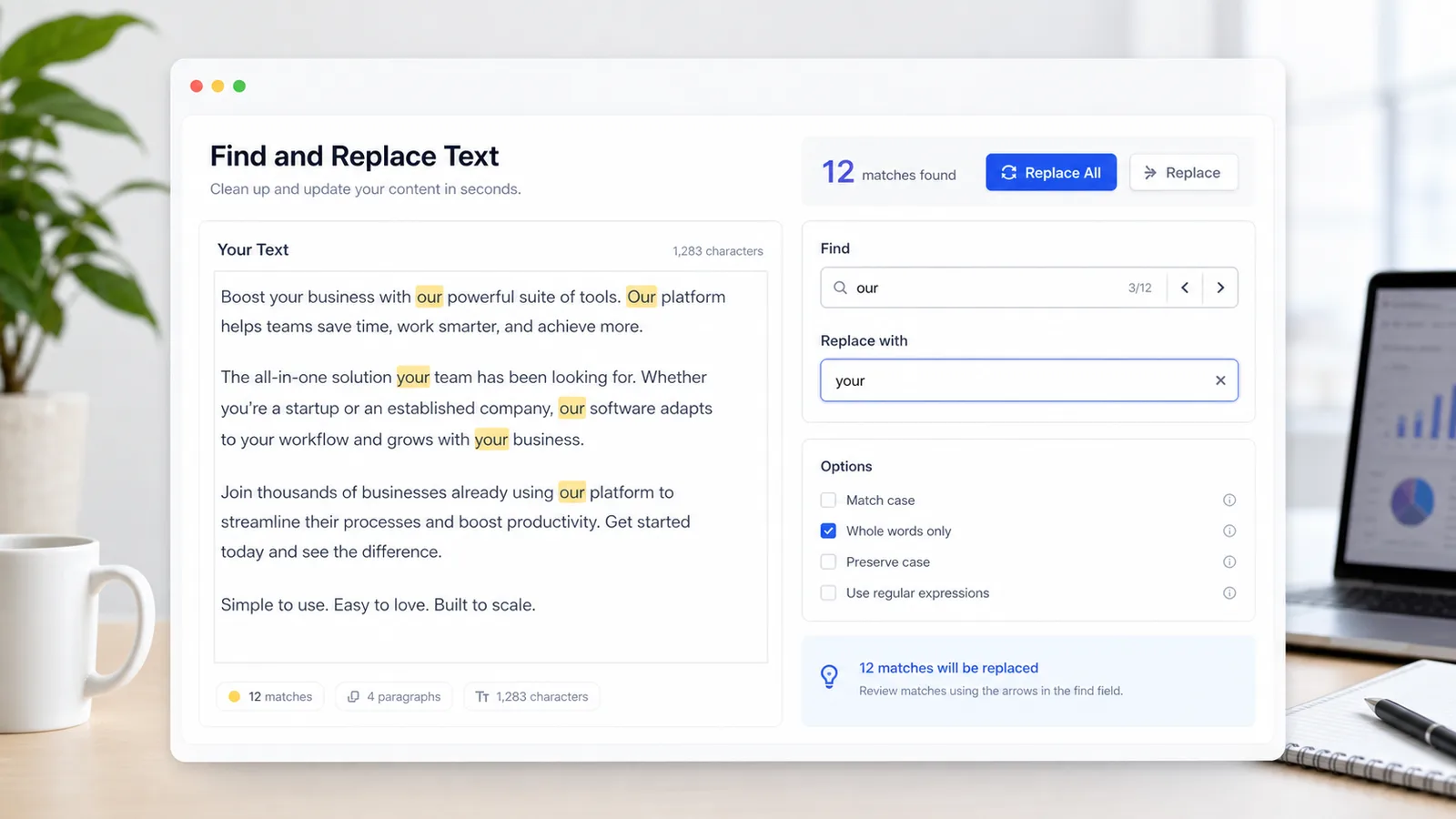 Find and Replace Text plain text cleanup workflow with highlighted matches and replacement controls