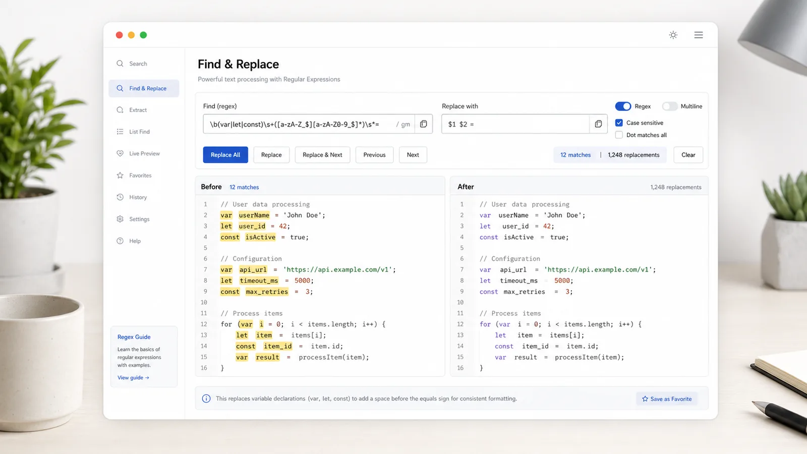 Find and Replace Text regex mode showing code snippet matches before and after replacement preview