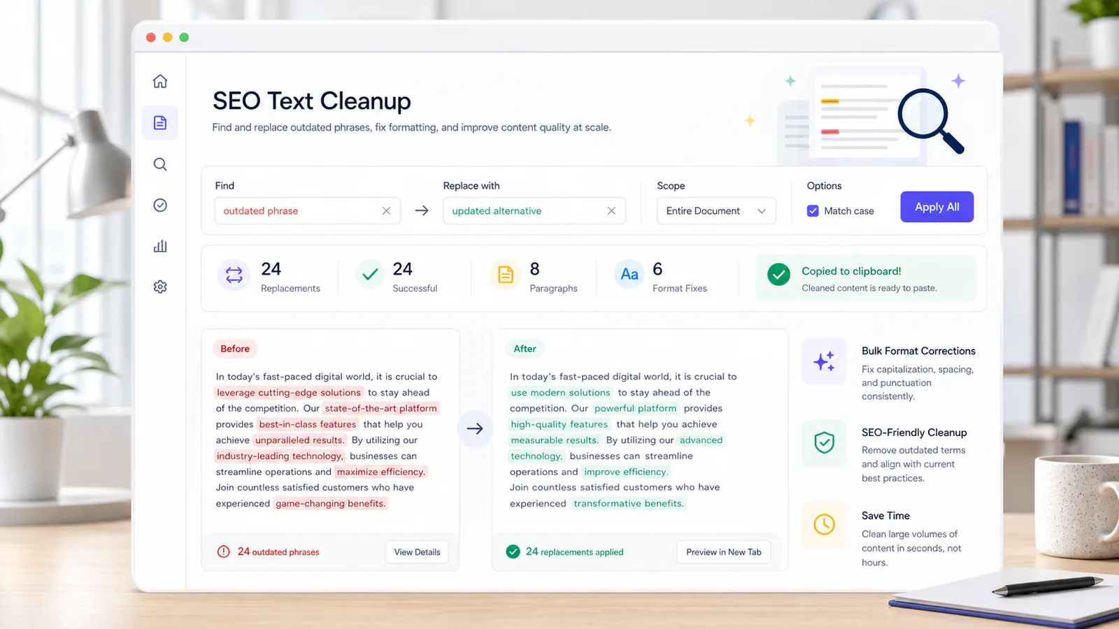 Find and Replace Text SEO copy cleanup with replacement count and copy result action