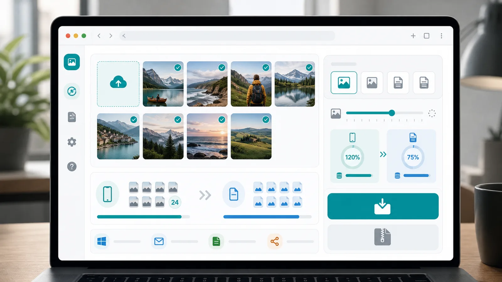 HEIC to JPG Converter batch upload interface with output format quality slider file size comparison and ZIP download