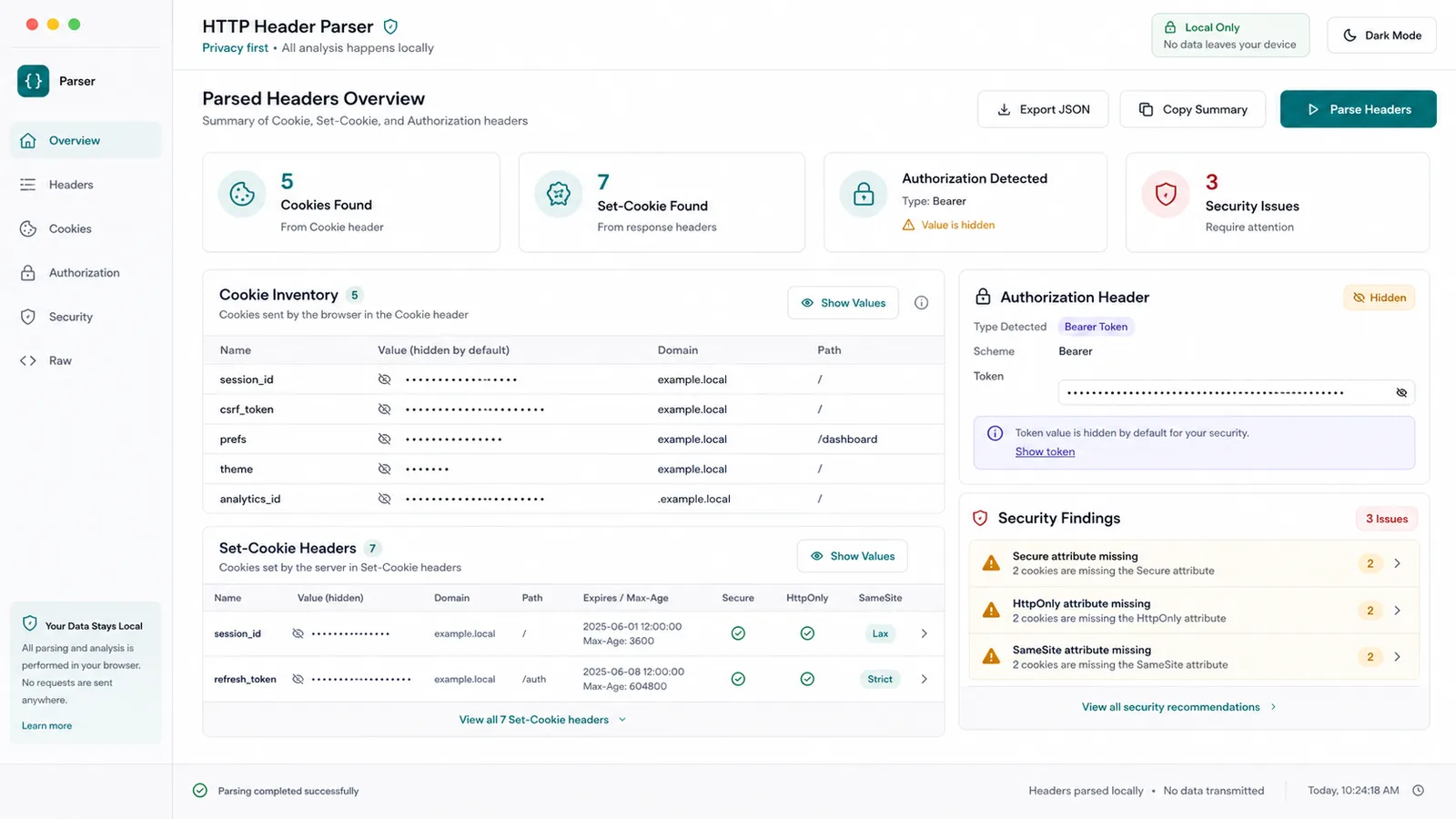 HTTP-Header-Parser masked Cookie Set-Cookie and Authorization values with Secure HttpOnly SameSite Domain and Path fields