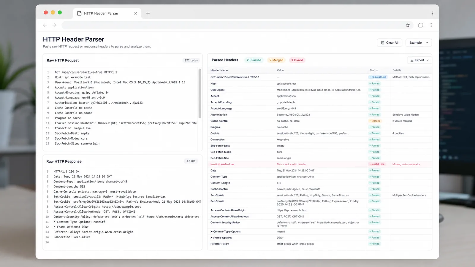 HTTP-Header-Parser structured table for raw request headers response headers duplicates and malformed lines