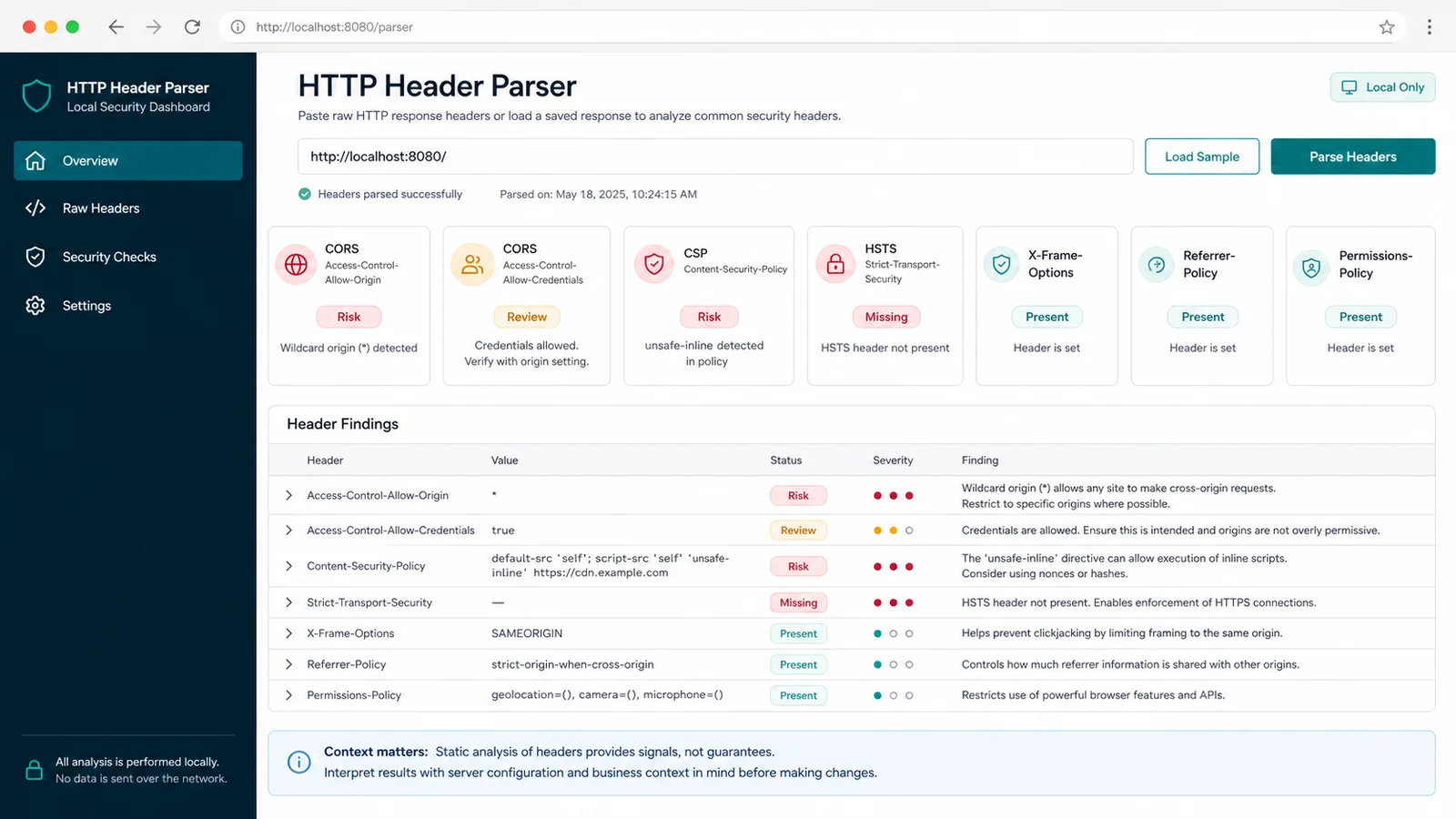 HTTP-Header-Parser static review for CORS CSP HSTS X-Frame-Options Referrer-Policy and Permissions-Policy