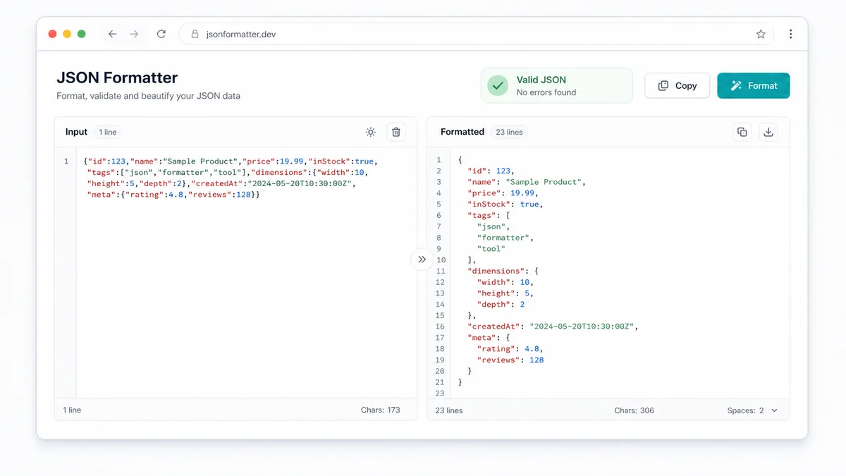 JSON Formatter pretty-printing a compact API response into readable nested JSON