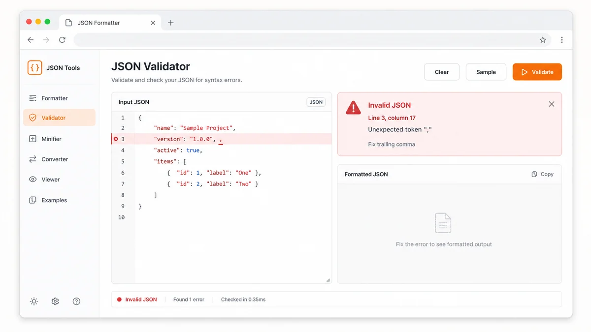 JSON Formatter validator showing an invalid JSON syntax error with line and column details